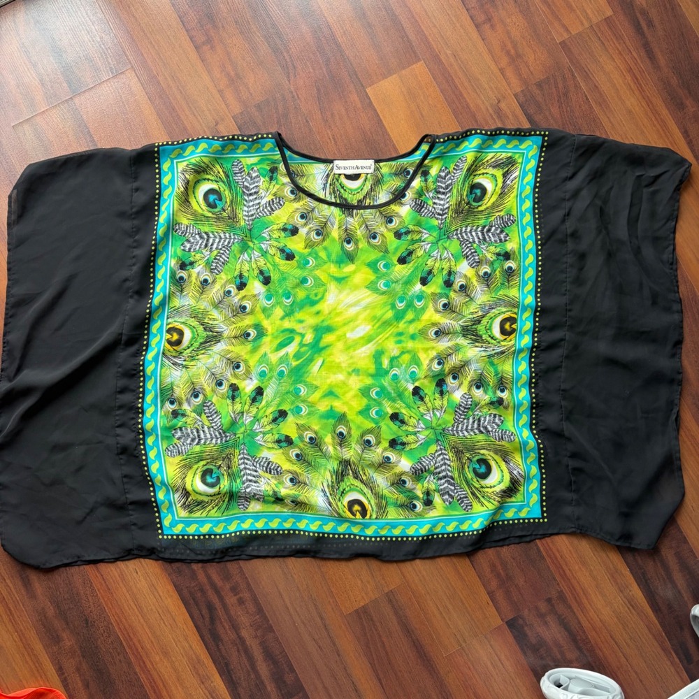 Seventh Avenue Peacock Feather‎ Print Sheer Chiffon Poncho Top Green Black OS